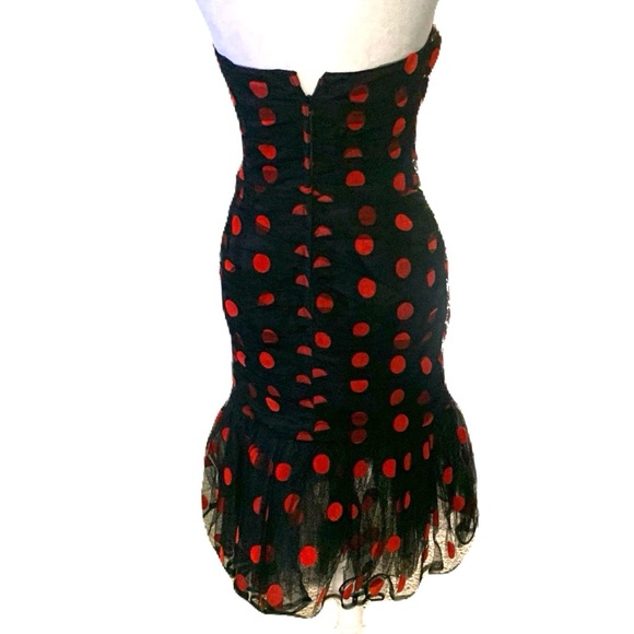 Vintage 80/90s Tadashi Shoji 6 Black Tulle Strapless Dress Red Velvet Polka Dots - Picture 3 of 8